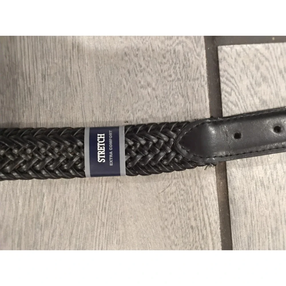 Mens Black Braided Leather Stretch Belt Silver Buckle Woven Comfort Size 38 40